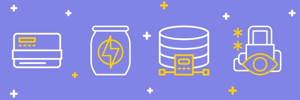 Set line Cyber security, Cloud database, Energy drink and Credit card icon... 스톡 일러스트