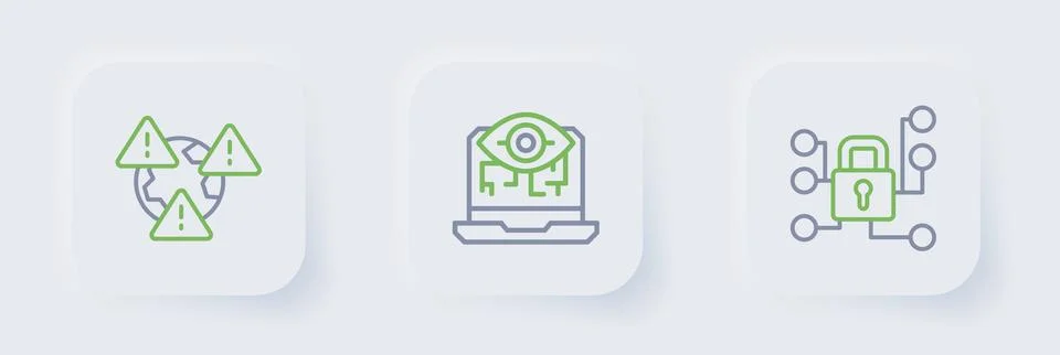 Set line Cyber security, Computer vision and Earth with exclamation mark ic.. 스톡 일러스트
