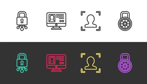Set line Cyber security, Create account screen, Face recognition and Safe com Stock Illustration