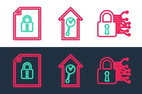 Set line Cyber security, Document and lock and Retro wall watch icon. Vector Illustrazione stock