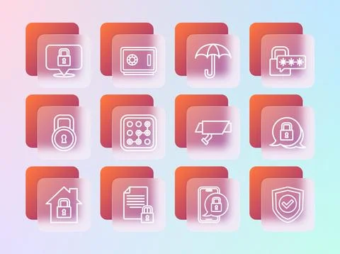 Set line Cyber security Document and lock Security camera Mobile with closed  Stock Illustration
