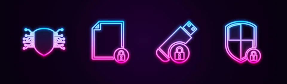 Set line Cyber security, Document and lock, USB flash drive with and Shield.  Stock Illustration