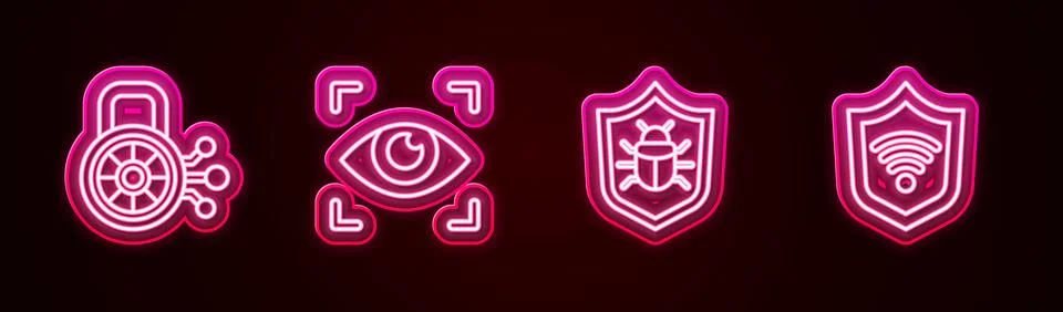 Set line Cyber security, Eye scan, System bug and Shield with WiFi wireless.. Stock-Illustration