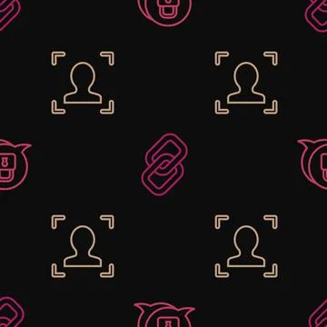 Set line Cyber security, Face recognition and Chain link on seamless pattern Stock Illustration