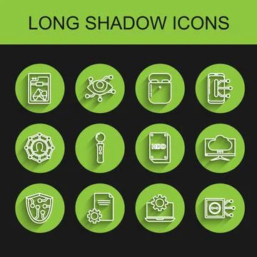 Set line Cyber security, File document, 3D printer, Laptop and gear, Remote Stock Illustration