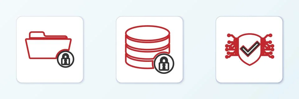 Set line Cyber security, Folder and lock and Server with icon. Vector Stock Illustration