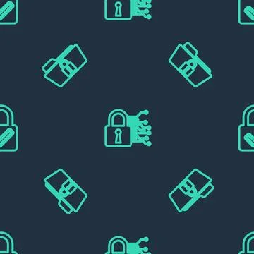 Set line Cyber security, Folder and lock and Lock check mark on seamless patt Stock Illustration
