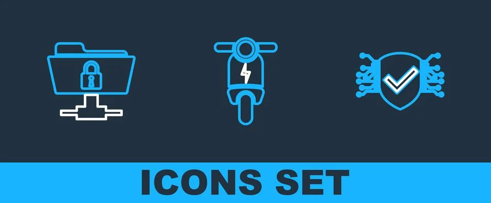 Set line Cyber security, FTP folder and lock and Electric scooter icon. Vecto Stock Illustration