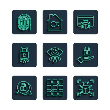 Set line Cyber security, Graphic password protection, System bug, in credit card Illustrazione stock