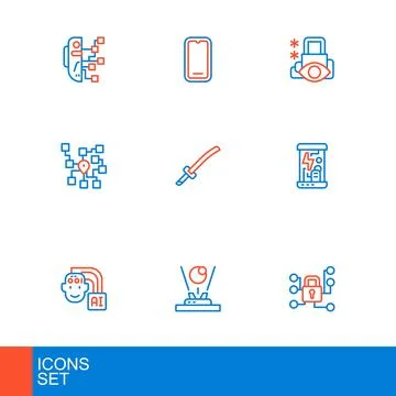 Set line Cyber security, Hologram, Humanoid robot, Cryogenic capsules, Neur.. 库存插图