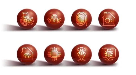 Set line Cyber security, House with eye scan, Smart home, System bug, Processor 스톡 일러스트