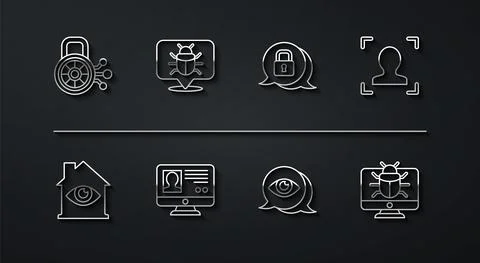 Set line Cyber security, House with eye scan, Face recognition, Eye, Create Stock Illustration