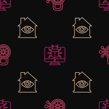 Set line Cyber security, House with eye scan and System bug on monitor on Stock Illustration