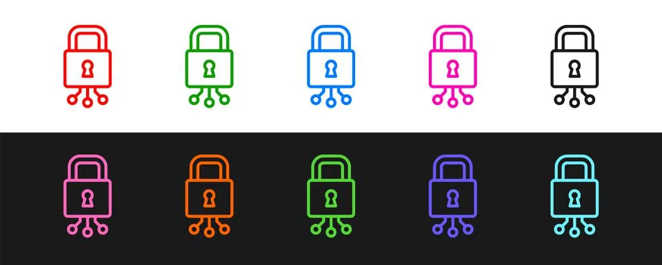 Set line Cyber security icon isolated on black and white background. Closed Illustrazione stock