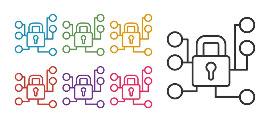 Set line Cyber security icon isolated on white background. Closed padlock on  Stock Illustration