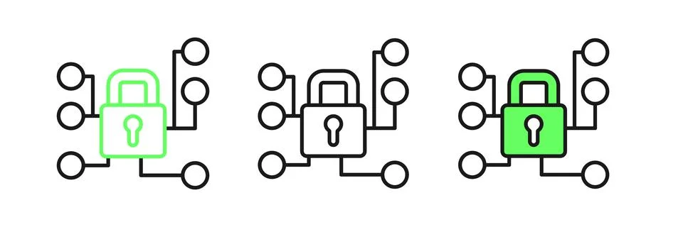Set line Cyber security icon isolated on white background. Closed padlock o.. Illustrazione stock