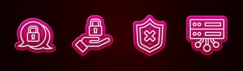 Set line Cyber security, Lock in hand, Shield with cross mark and Server, Data Stock Illustration