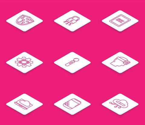 Set line Cyber security, Lock on digital circuit board, Tablet with text 5k Stock Illustration