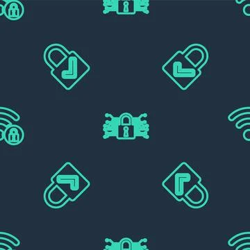Set line Cyber security, Lock and check mark and Wifi locked on seamless pattern イラスト素材