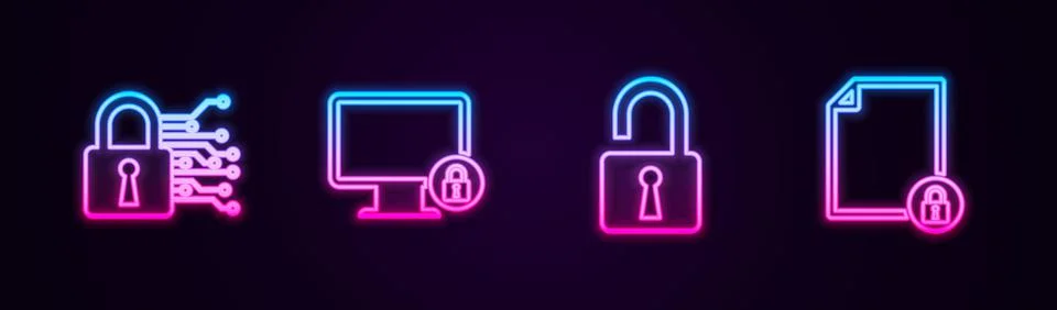 Set line Cyber security, Lock on monitor, Open padlock and Document and. Glowing Illustrazione stock