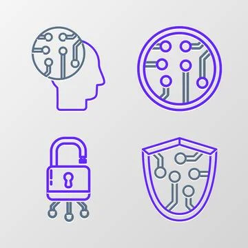 Set line Cyber security, Lock on digital circuit board, Processor and Human.. Illustrazione stock