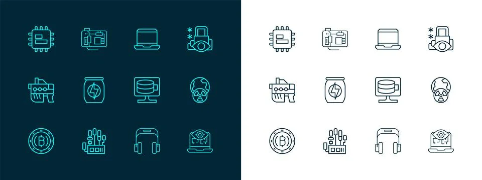 Set line Cyber security, Mechanical robot hand, Cloud database, Headphones,.. Stock Illustration