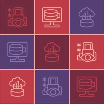 Set line Cyber security, Network cloud connection and Cloud database icon 스톡 일러스트