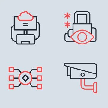 Set line Cyber security, Neural network, Security camera and Cloud database.. 스톡 일러스트