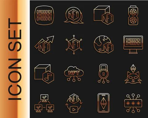 Set line Cyber security, NFT Digital crypto art, Binary code, blockchain Stock Illustration