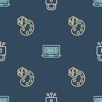 Set line Cyber security, NFT Digital crypto art and Binary code on seamless Stock Illustration