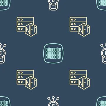 Set line Cyber security, NFT blockchain technology and Binary code on seamless Stock Illustration