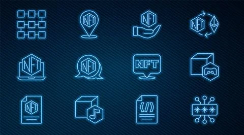 Set line Cyber security, NFT Digital crypto art, Laptop with store app, block Illustrazione stock