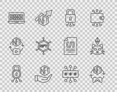 Set line Cyber security, NFT Digital crypto art, Binary code, blockchain tech Stock Illustration