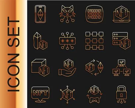 Set line Cyber security, NFT blockchain technology, Binary code, Digital crypto Stock Illustration