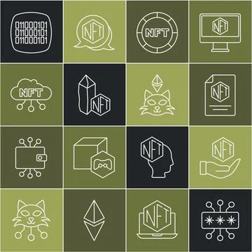 Set line Cyber security, NFT Digital crypto art, contract, cloud, Binary co.. Illustrazione stock