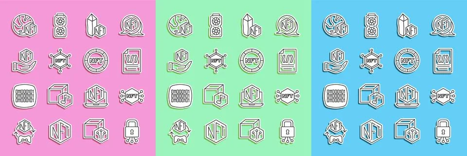 Set line Cyber security, NFT Digital crypto art, Binary code, blockchain te.. Stock Illustration