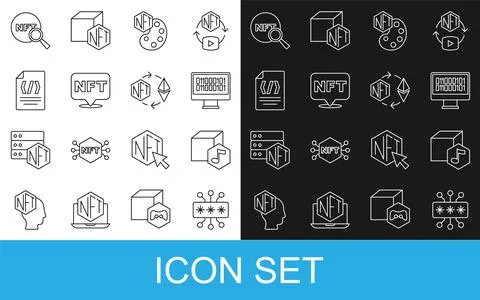 Set line Cyber security, NFT Digital crypto art, Binary code, Search and Et.. Stock Illustration