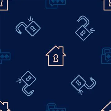 Set line Cyber security, Open padlock and House under protection on seamless Stock Illustration