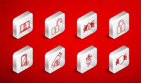 Set line Cyber security, Open padlock, Lock, Retro wall watch, Laptop and, .. Stock Illustration
