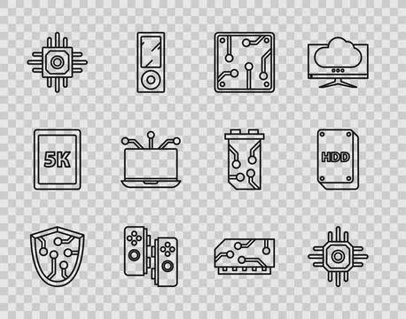 Set line Cyber security, Processor, Gamepad, Laptop, RAM, random access mem.. Illustrazione stock