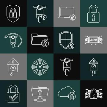 Set line Cyber security, Retro wall watch, Computer api interface, Laptop and イラスト素材