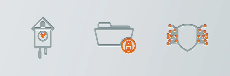 Set line Cyber security, Retro wall watch and Folder and lock icon. Vector Stock Illustration