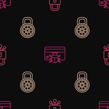 Set line Cyber security, Safe combination lock and System bug credit card on Stock Illustration