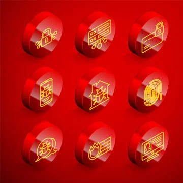 Set line Cyber security, Server, Data, Web Hosting, Credit card with lock Stock Illustration