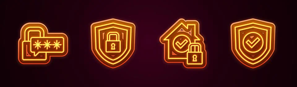 Set line Cyber security, Shield with lock, House under protection and check mark Illustrazione stock