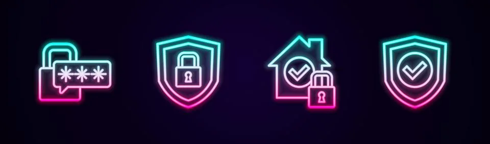 Set line Cyber security, Shield with lock, House under protection and check mark 스톡 일러스트