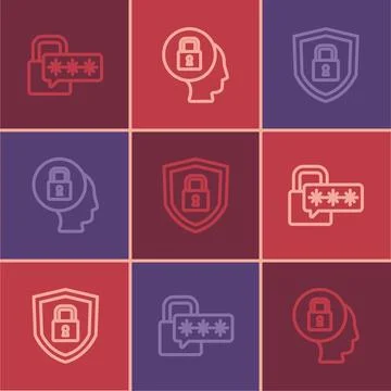 Set line Cyber security, Shield with lock and Lock icon. Vector Stock Illustration