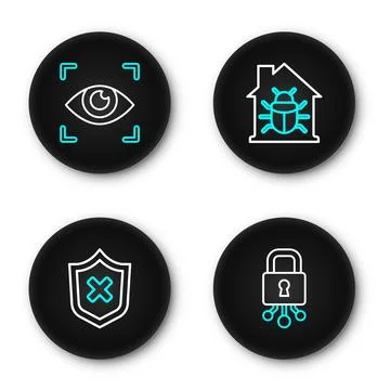 Set line Cyber security, Shield with cross mark, House system bug and Eye s.. 스톡 일러스트