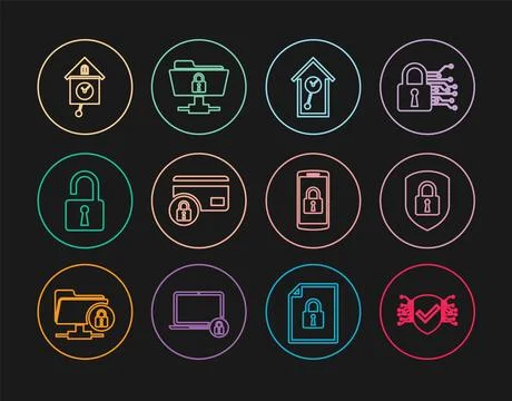 Set line Cyber security, Shield with lock, Retro wall watch, Credit card, O.. Stock Illustration