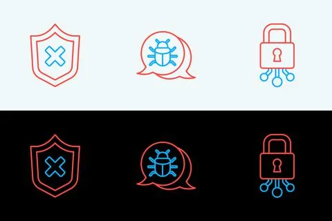 Set line Cyber security, Shield with cross mark and System bug icon. Vector 스톡 일러스트